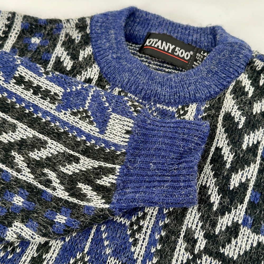 Botany 500 Sweater Mens Large Blue Geometric Fair Isle Regular Fit Vintage 90s